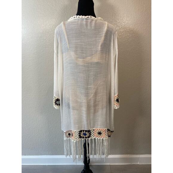 BATHING SUIT COVER-UP Embroidered Details & Fringe Women's Sz L White Boho Beach - Picture 3 of 10